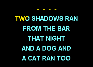TWO SHADOWS RAN
FROM THE BAR

THAT NIGHT
AND A DOG AND
A CAT RAN T00