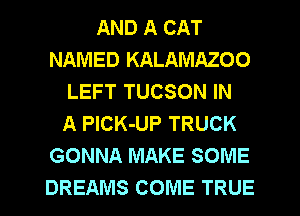 AND A CAT
NAMED KALAMAZOO
LEFT TUCSON IN
A PlCK-UP TRUCK
GONNA MAKE SOME
DREAMS COME TRUE