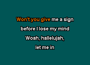 Won't you give me a sign

before I lose my mind
Woah, hallelujah,

let me in