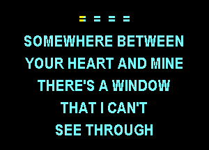 SOMEWHERE BETWEEN
YOUR HEART AND MINE
THERE'S A WINDOW
THAT I CAN'T
SEE THROUGH