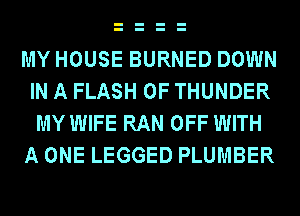MY HOUSE BURNED DOWN
IN A FLASH 0F THUNDER
MY WIFE RAN OFF WITH
A ONE LEGGED PLUMBER
