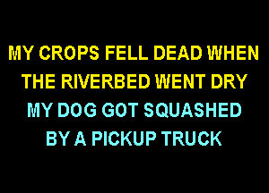 MY CROPS FELL DEAD WHEN
THE RIVERBED WENT DRY
MY DOG GOT SQUASHED
BY A PICKUP TRUCK