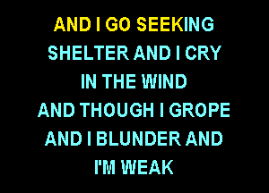 AND I GO SEEKING
SHELTERAND I CRY
IN THE WIND
AND THOUGH I GROPE
AND I BLUNDER AND
I'M WEAK