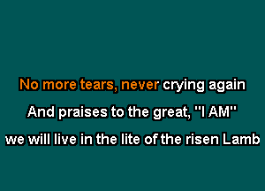No more tears, never crying again

And praises to the great, I AM

we will live in the lite ofthe risen Lamb