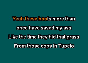 Yeah these boots more than
once have saved my ass

Like the time they hid that grass

From those cops in Tupelo

g