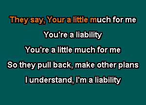 They say, Your a little much for me
You're a liability
You're a little much for me
So they pull back, make other plans

I understand, I'm a liability