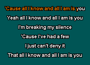 'Cause all I know and all I am is you
Yeah all I know and all I am is you
I'm breaking my silence
'Cause I've had afew
ljust can't deny it

That all I know and all I am is you