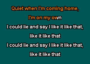 Quiet when I'm coming home,
I'm on my own
I could lie and sayl like it like that,
like it like that

Icould lie and say I like it like that,
like it like that