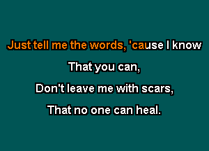 Just tell me the words, 'cause I know

That you can,

Don't leave me with scars,

That no one can heal.