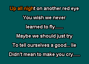 Up all night on another red eye
You wish we never
learned to f1y .......
Maybe we should just try

To tell ourselves a good... lie

Didn't mean to make you cry ......