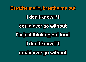 Breathe me in, breathe me out
Idon't know ifl

could ever go without

I'm just thinking out loud

I don't know ifl

could ever go without
