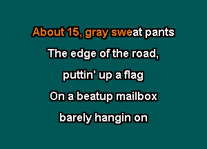 About 15, gray sweat pants

The edge ofthe road,
puttin' up aflag
On a beatup mailbox

barely hangin on