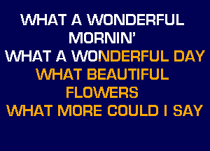 WHAT A WONDERFUL
MORNIM
WHAT A WONDERFUL DAY
WHAT BEAUTIFUL
FLOWERS
WHAT MORE COULD I SAY