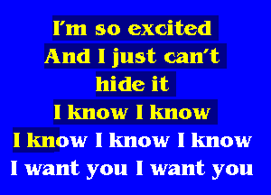 I'm so excited
And I just can't
hide it
I know I know
I know I know I know
I want you I want you