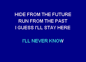 HIDE FROM THE FUTURE
RUN FROM THE PAST
IGUESS I'LL STAY HERE

I'LL NEVER KNOW

g