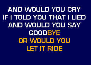 AND WOULD YOU CRY
IF I TOLD YOU THAT I LIED
AND WOULD YOU SAY
GOODBYE
0R WOULD YOU
LET IT RIDE