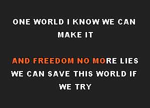ONE WORLD I KNOW WE CAN
MAKE IT

AND FREEDOM NO MORE LIES
WE CAN SAVE THIS WORLD IF
WE TRY