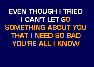 EVEN THOUGH I TRIED
I CAN'T LET GO
SOMETHING ABOUT YOU
THAT I NEED SO BAD
YOU'RE ALL I KNOW