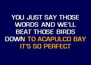 YOU JUST SAY THOSE
WORDS AND WE'LL
BEAT THOSE BIRDS

DOWN TO ACAPULCO BAY
IT'S SO PERFECT