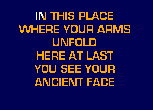 IN THIS PLACE
WHERE YOUR ARMS
UNFOLD
HERE AT LAST
YOU SEE YOUR
ANCIENT FACE