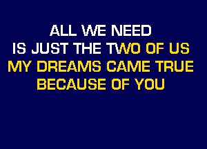 ALL WE NEED
IS JUST THE TWO OF US
MY DREAMS CAME TRUE
BECAUSE OF YOU