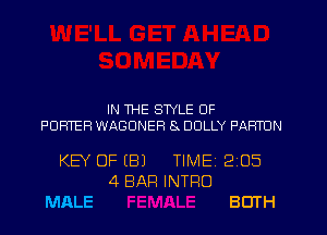 IN THE STYLE OF

PORTER WAGDNER 8x DOLLY PARTON

KEY OF (B)

MALE

4 BAR INTRO

TIME12i05

80TH
