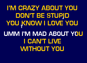 I'M CRAZY ABOUT YOU
DON'T BE STUPJD
YOU J(NOW I LOVE YOU

UMM I'M MAD ABOUT YOU
I CAN'T LIVE
WITHOUT YOU