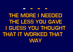 THE MORE I NEEDED
THE LESS YOU GAVE
I GUESS YOU THOUGHT
THAT IT WORKED THAT
WAY