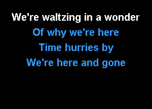 We're waltzing in a wonder
Of why we're here
Time hurries by

We're here and gone