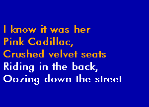 I know if was her

Pink Cadillac,

Crushed velvet seats
Riding in the back,
Oozing down the street