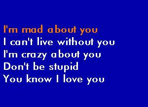 I'm mad about you
I can't live without you

I'm crazy about you
Don't be stupid
You know I love you