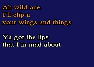 Ah wild one
I'll clip-a
your wings and things

Ya got the lips
that I'm mad about