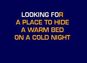 LOOKING FOR
A PLACE TO HIDE
A WARM BED

ON A COLD NIGHT