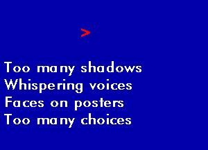 Too mo ny shadows

Whispering voices
Faces on posters
Too ma ny choices
