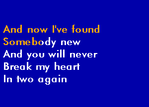 And now I've found
Somebody new

And you will never
Break my heart
In two again