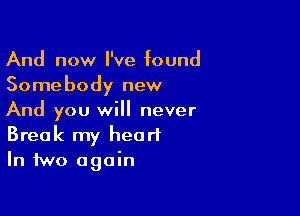 And now I've found
Somebody new

And you will never
Break my heart
In two again