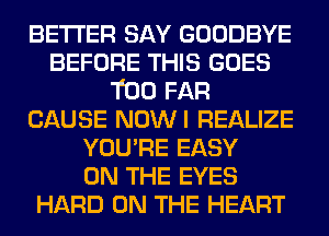 BETTER SAY GOODBYE
BEFORE THIS GOES
T00 FAR
CAUSE NOWI REALIZE
YOU'RE EASY
ON THE EYES
HARD ON THE HEART