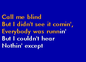 Call me blind

But I didn't see it comin',

Everybody was runnin'
But I couldn't hear
Nothin' except