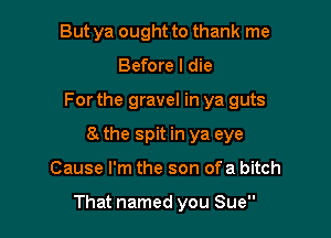 But ya ought to thank me
Before I die
For the gravel in ya guts
8. the spit in ya eye

Cause I'm the son of a bitch

That named you Sue