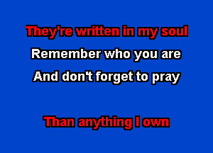 They're written in my soul

Remember who you are

And donT forget to pray

Than anything I own