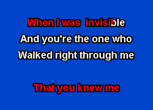 When I was invisible
And you're the one who

Walked right through me

That you knew me