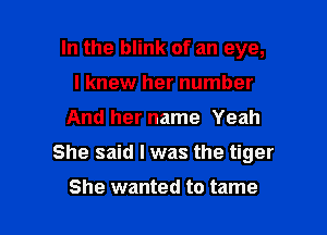 In the blink of an eye,
I knew her number

And her name Yeah

She said I was the tiger

She wanted to tame