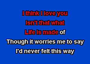 I think I love you
Isn't that what
Life is made of

Though it worries me to say
I'd never felt this way