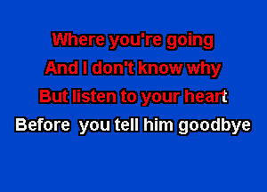 Where you're going
And I don't know why

But listen to your heart
Before you tell him goodbye