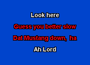 Look here

Guess you better slow

Dat Mustang down, ha

Ah Lord