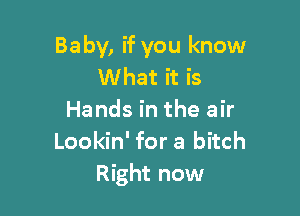 Baby, if you know
What it is

Hands in the air
Lookin' for a bitch
Right now