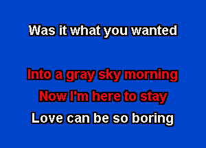 Was it what you wanted

Into a gray sky morning
Now I'm here to stay

Love can be so boring
