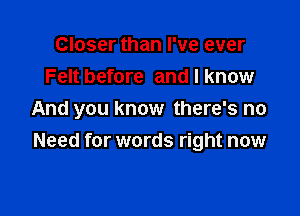 Closer than I've ever
Felt before and I know

And you know there's no
Need for words right now