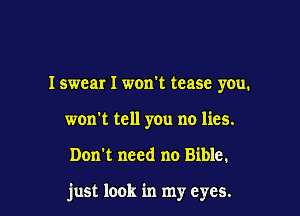 I swear I wonot tease you.
won't tell you no lies.

Don't need no Bible.

just look in my eyes.