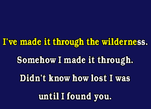 I've made it through the wilderness.
Somehow I made it through.
Didn't know how lost I was

until I found you.